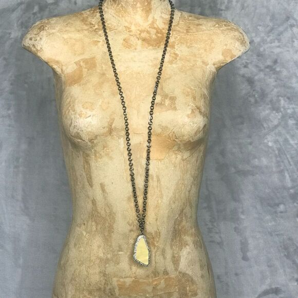 Chicos Necklace Black Chain 2.5" Yellow Stone Pendant Surrounded by Crystals - Picture 1 of 3